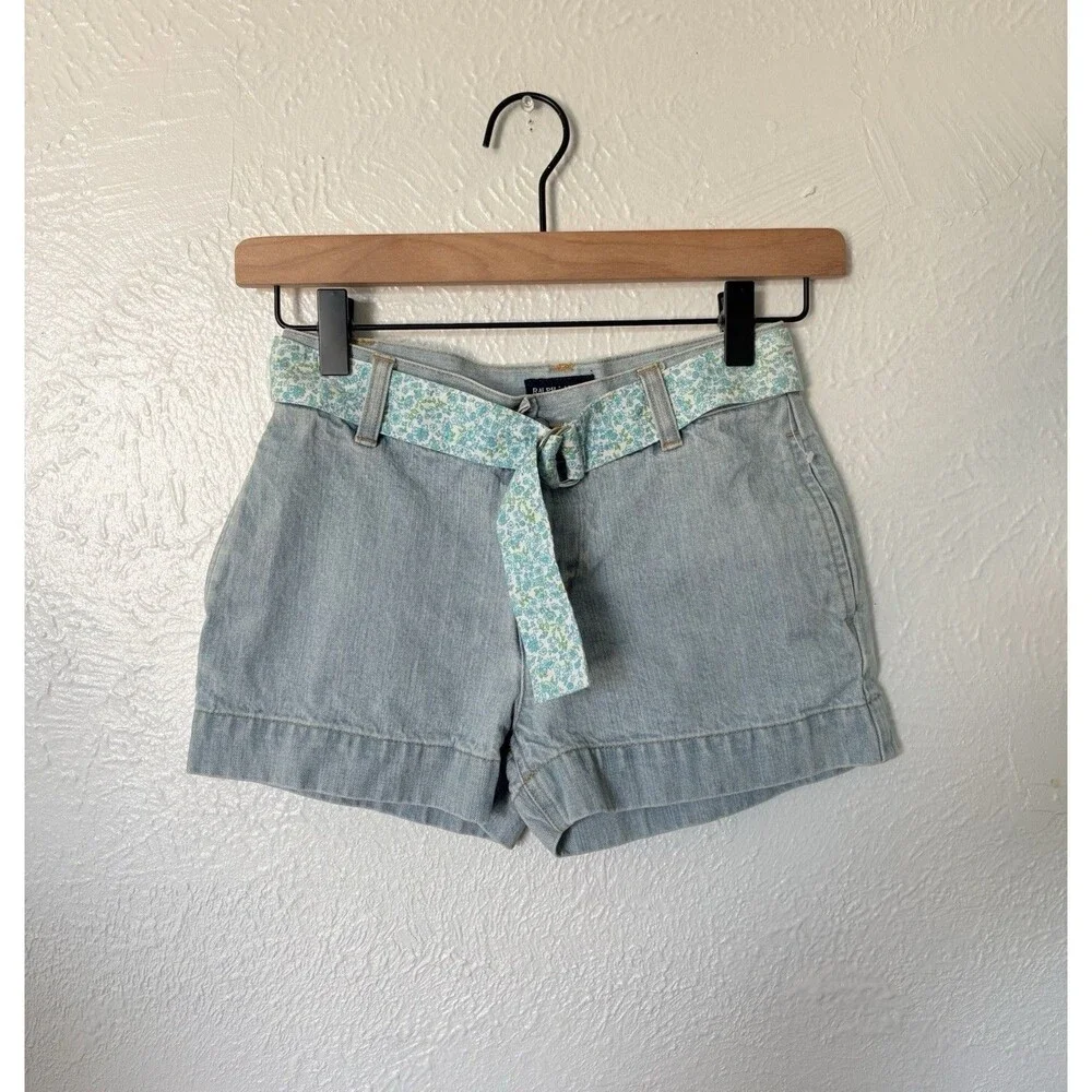 Ralph Lauren 100% Cotton Vintage Girls Blue Denim Shorts With Floral Belt Sz 10